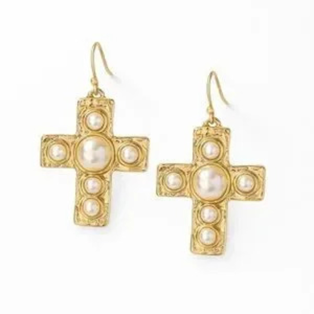 Beatrece | Gold and Pearl Cross Earrings